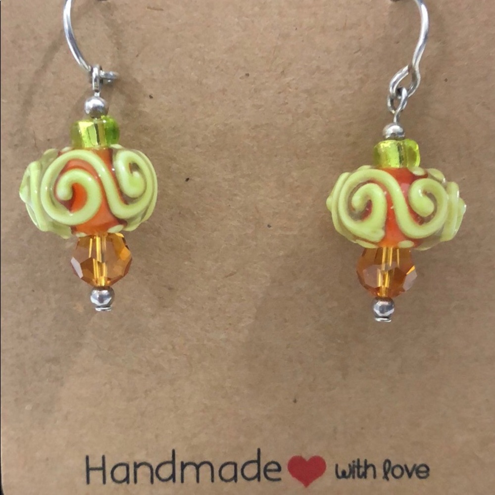 ARTISAN LAMPWORK EARRING - 925 STERLING SILVER DANGLE AMBER GREEN RONDELLE BEADS
